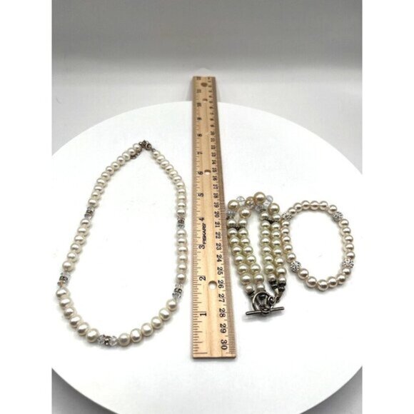 Vintage Faux Pearl Necklace Bracelet & Anklet Set Rhinestones Chic - Picture 5 of 5